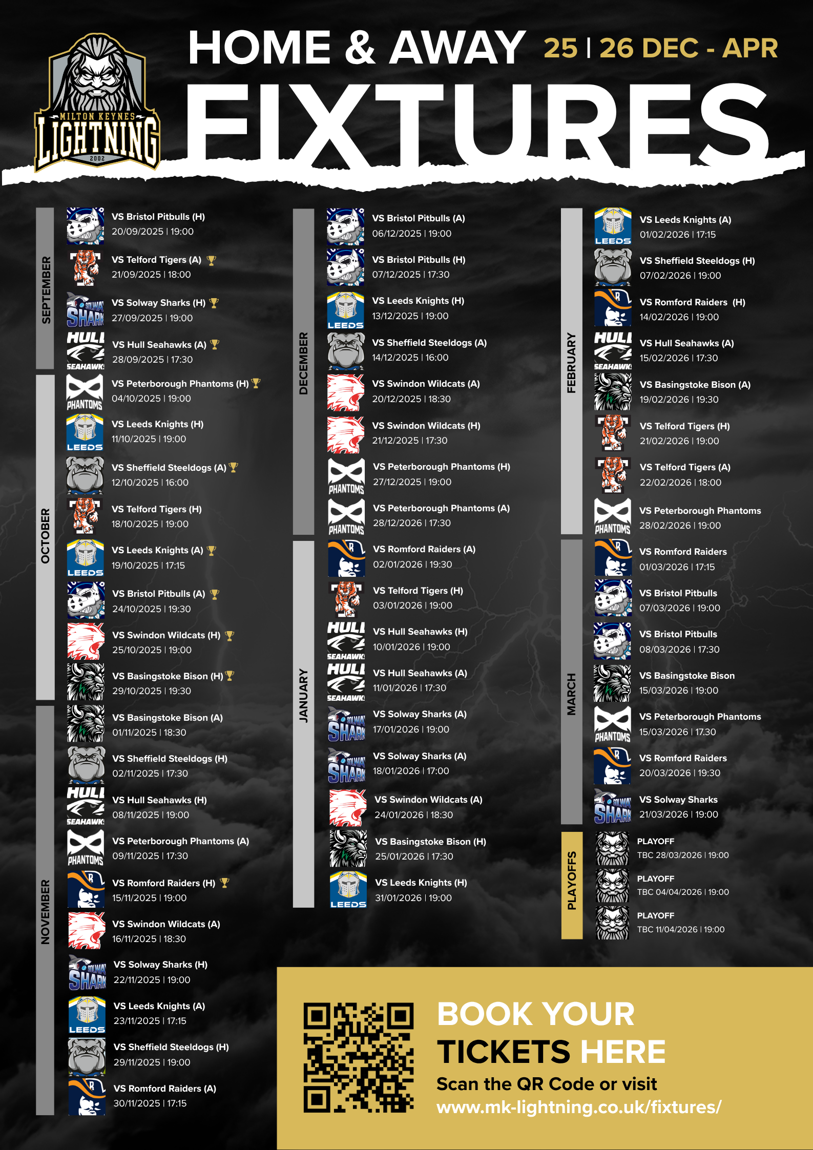Home and awayFixtures Poster – black MK Lightning Home and Away Fixtures 25/26 season
